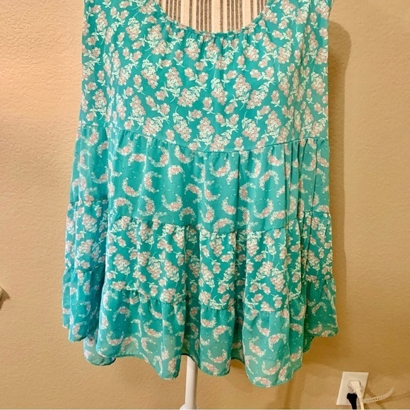 LC Lauren Conrad Tunic Top XL Seafoam Green Floral Pink Cream Ruffled Tiers - Picture 4 of 15